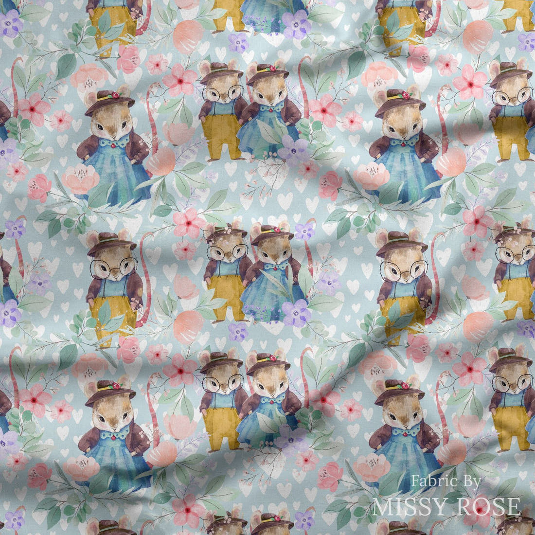 Design 912 Cute Bunny Fabric draped fabric mockup – custom printed fabric by the metre | Fabric by Missy Rose