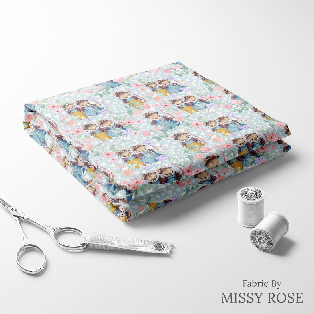Design 912 Cute Bunny Fabric folded fabric stack with matching thread – pre-order fabric Australia | Fabric by Missy Rose