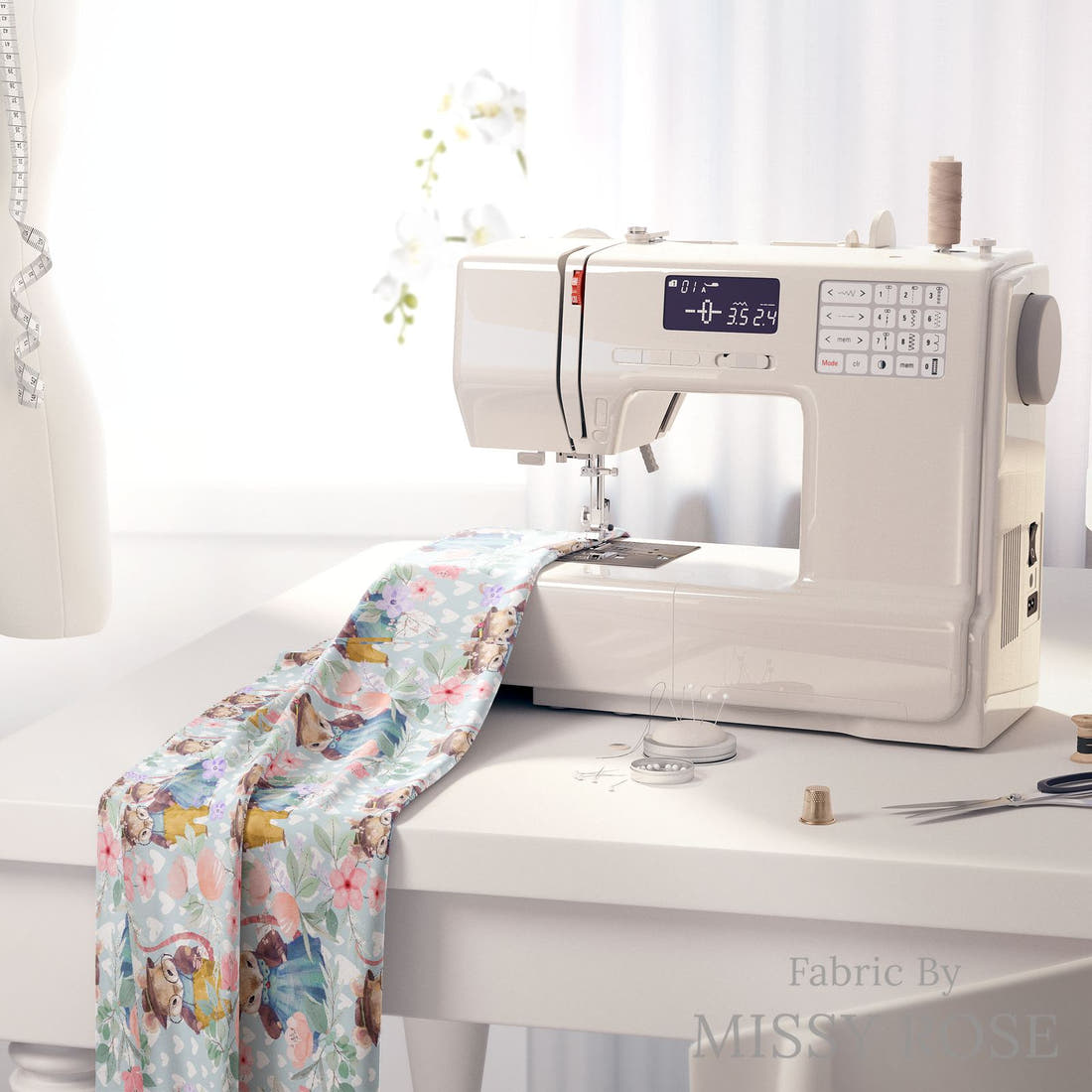 Design 912 Cute Bunny Fabric on a sewing machine – premium fabric for sewing projects | Fabric by Missy Rose