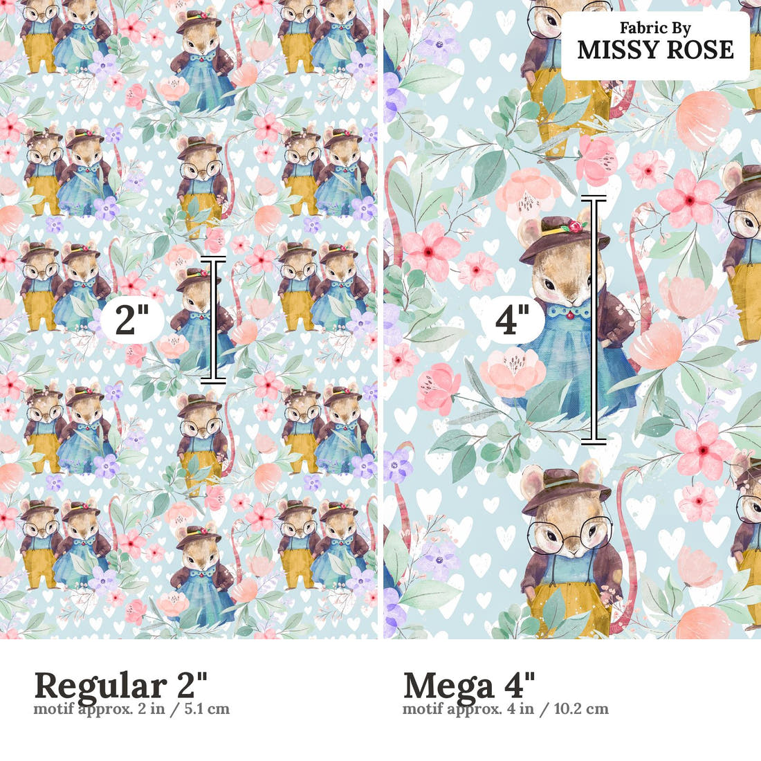 Design 912 Cute Bunny Fabric Regular 2 inch vs Mega 4 inch print scale side by side | Fabric by Missy Rose