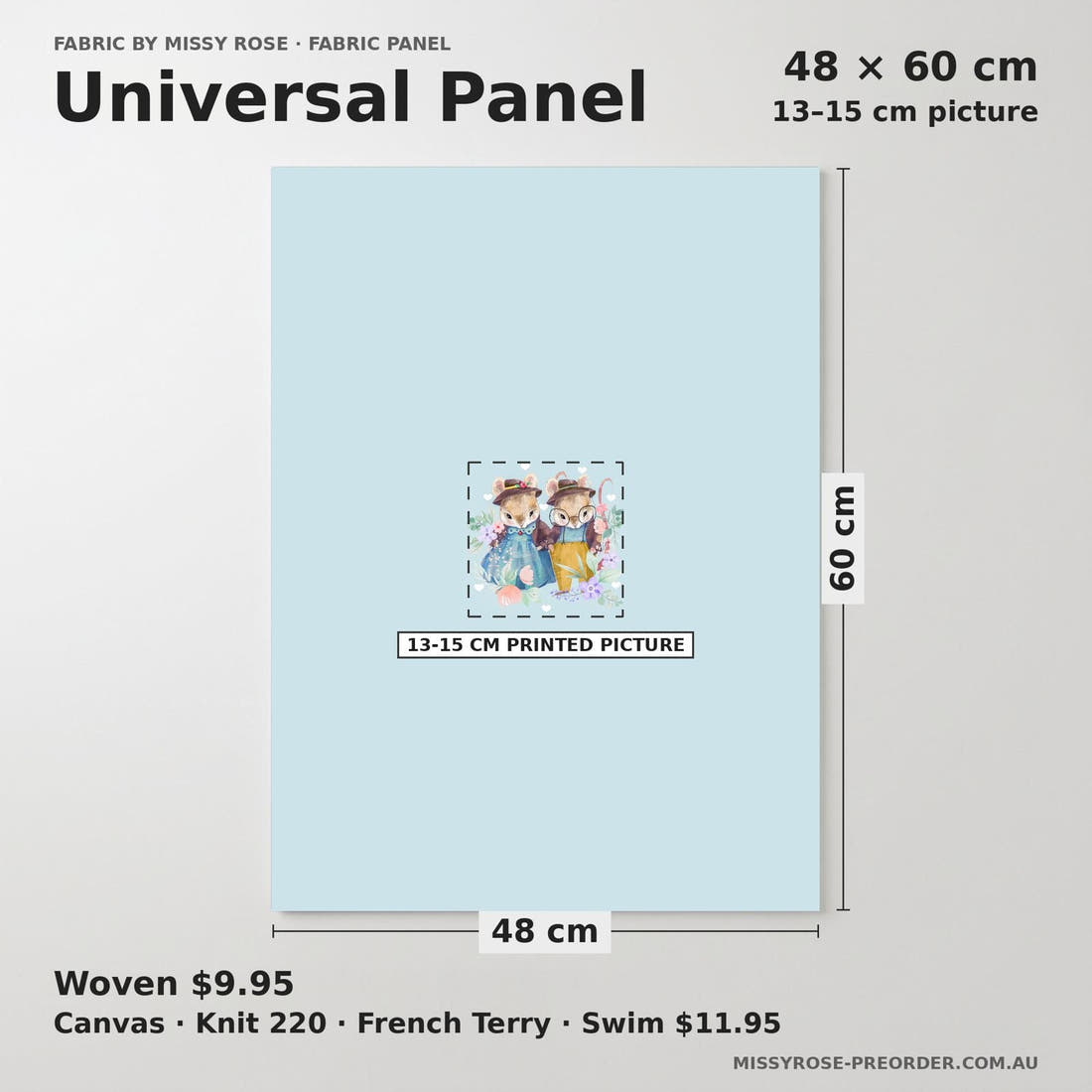 Design 912 Cute Bunny Panel universal panel sizing – 13–15 cm printed picture on 48 × 60 cm fabric | Fabric by Missy Rose
