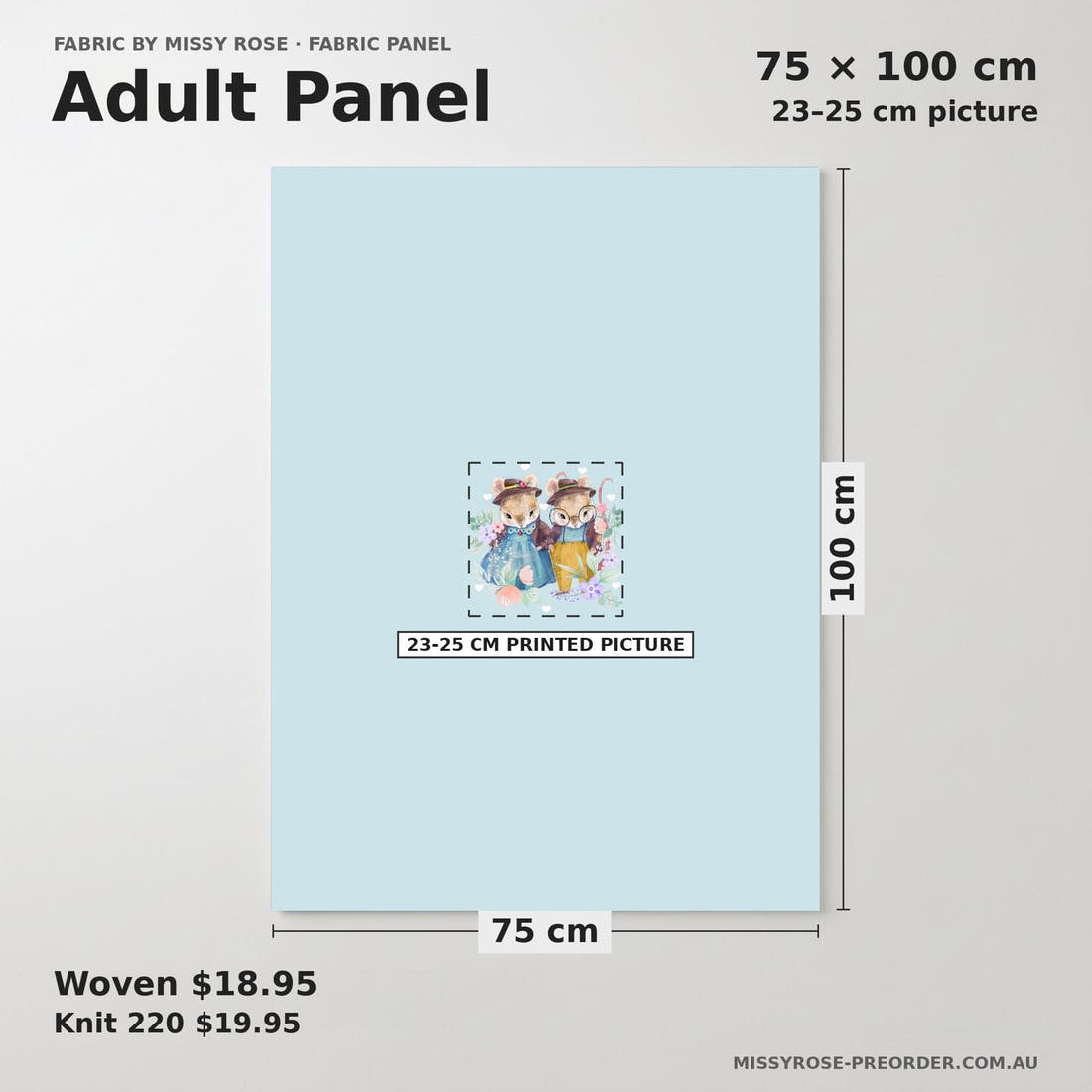 Design 912 Cute Bunny Panel adult panel sizing – 23–25 cm printed picture on 75 × 100 cm fabric | Fabric by Missy Rose