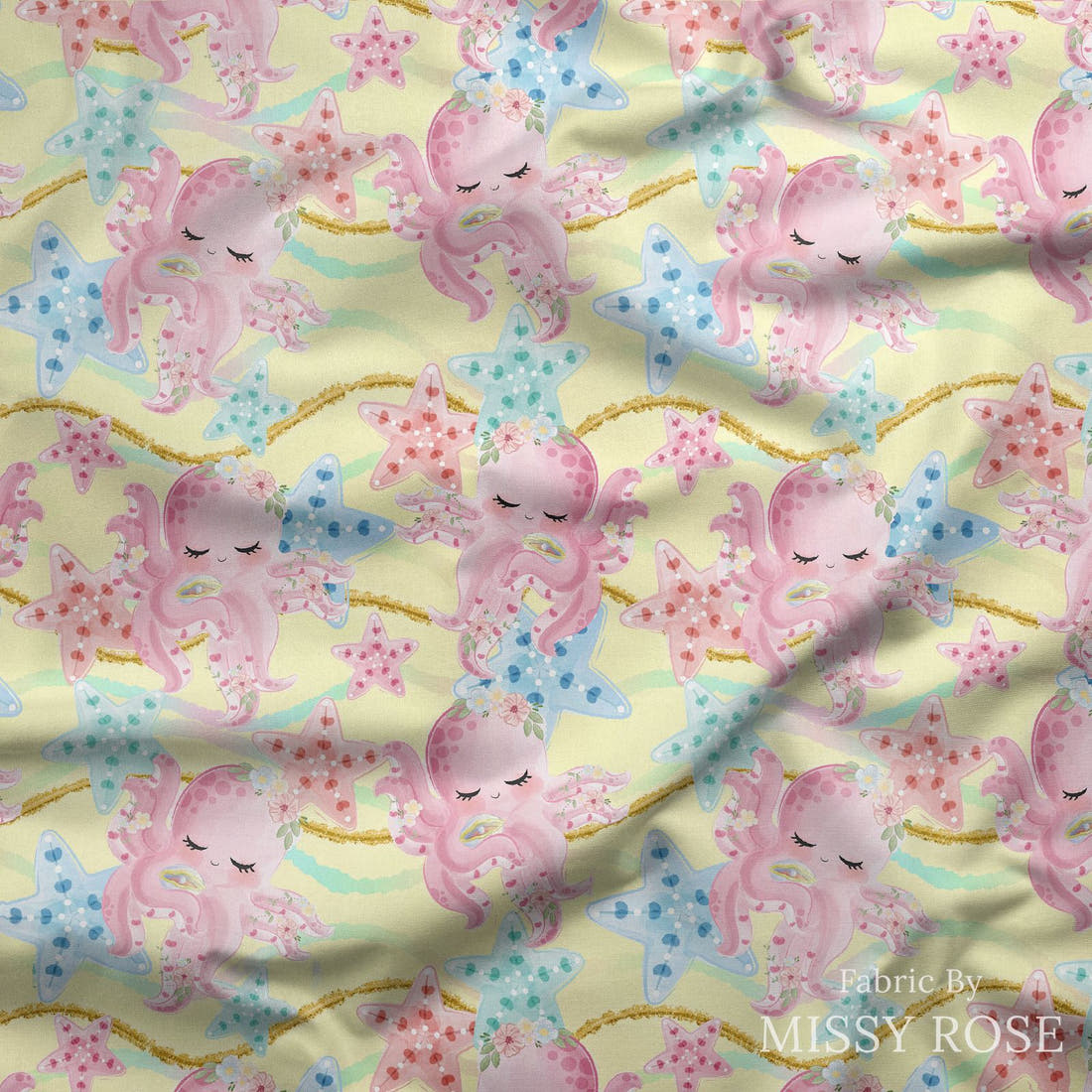 Design 913 Yellow Octopus Fabric draped fabric mockup – custom printed fabric by the metre | Fabric by Missy Rose