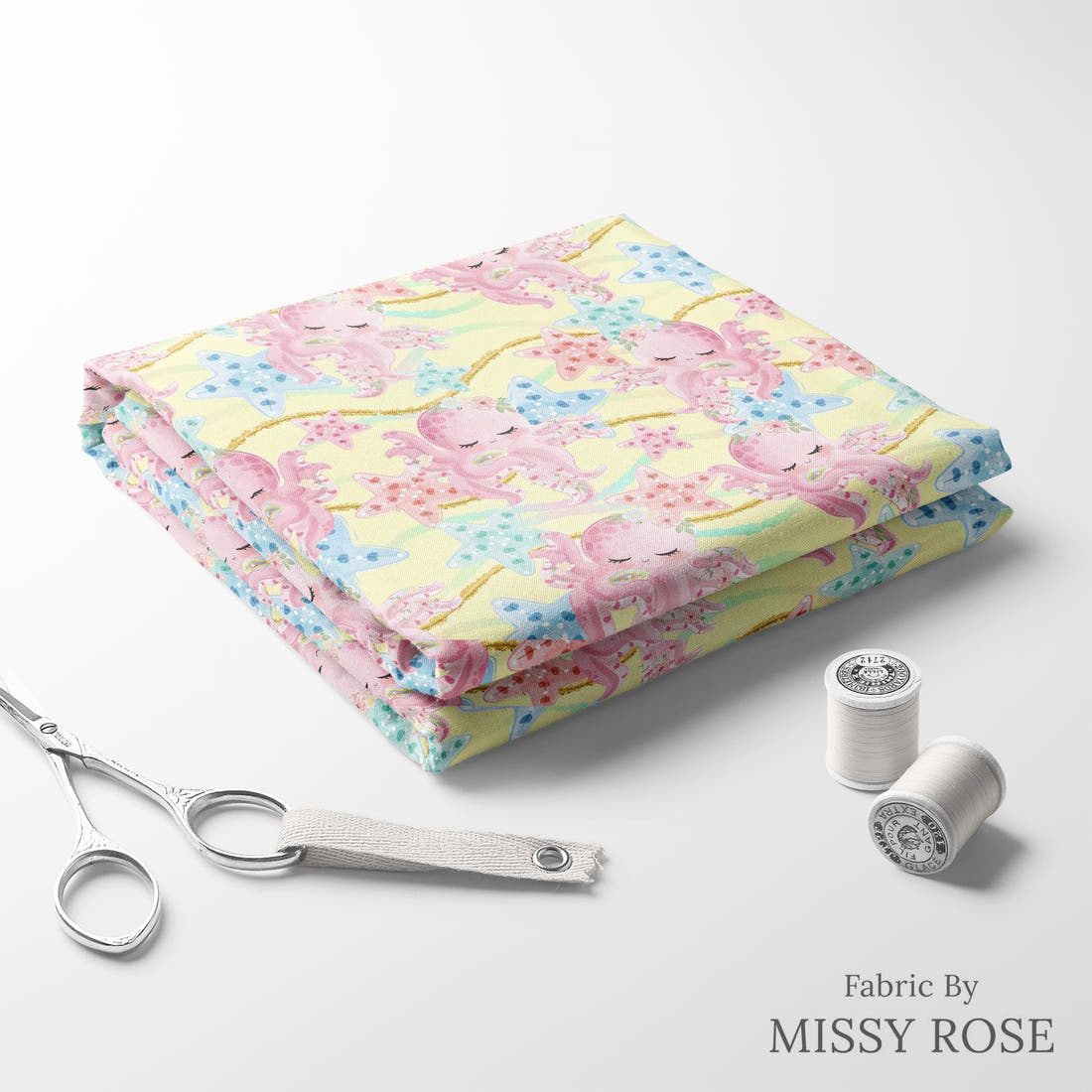 Design 913 Yellow Octopus Fabric folded fabric stack with matching thread – pre-order fabric Australia | Fabric by Missy Rose