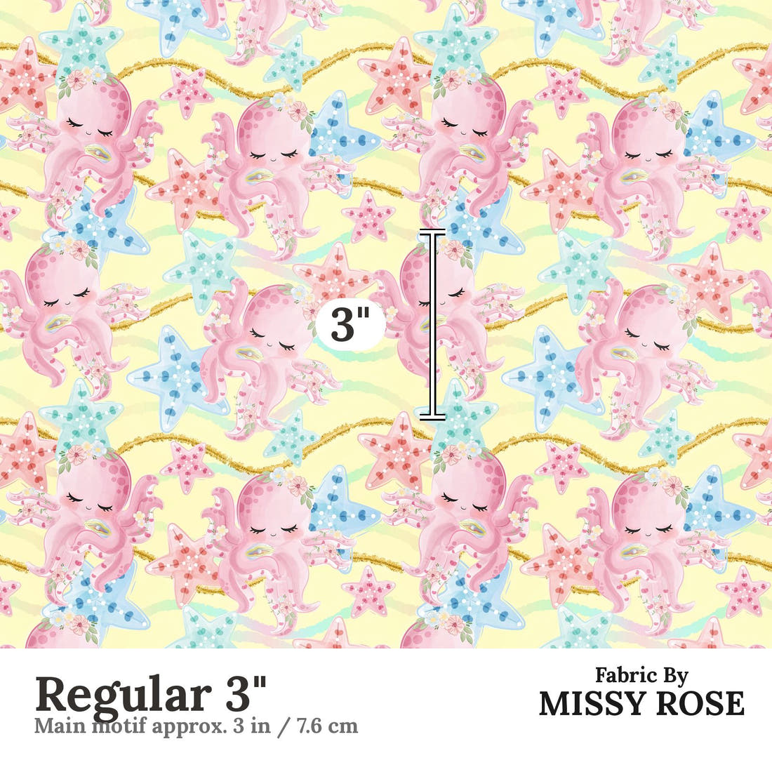Design 913 Yellow Octopus Fabric Regular 3 inch print scale guide | Fabric by Missy Rose