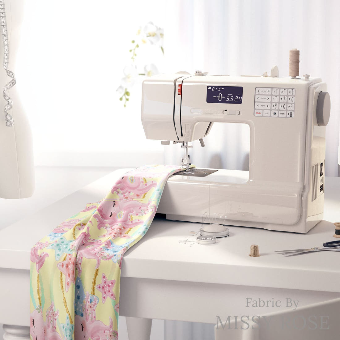 Design 913 Yellow Octopus Fabric on a sewing machine – premium fabric for sewing projects | Fabric by Missy Rose