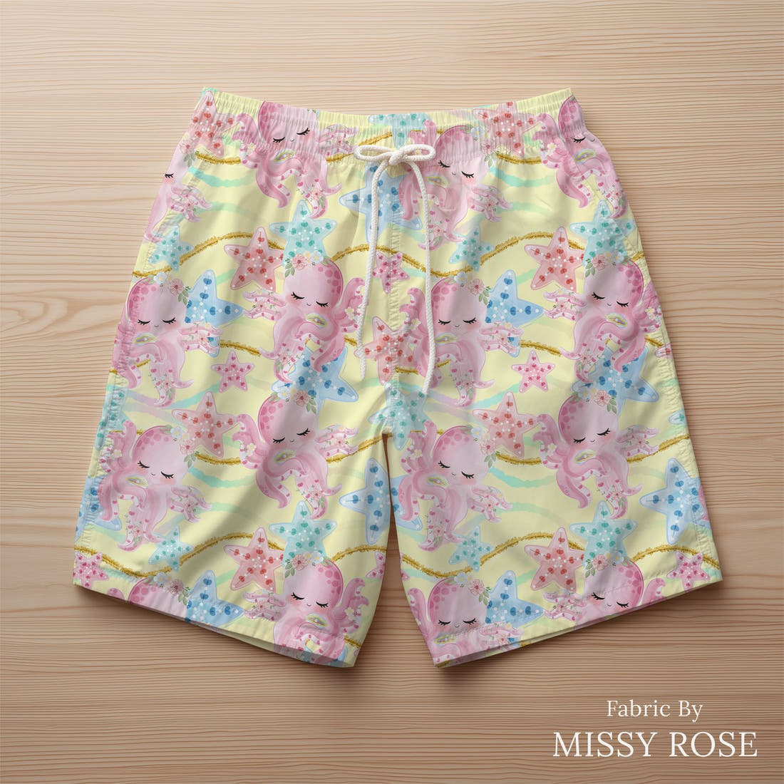 Design 913 Yellow Octopus Fabric sewn into swim shorts – see how the print looks made up | Fabric by Missy Rose