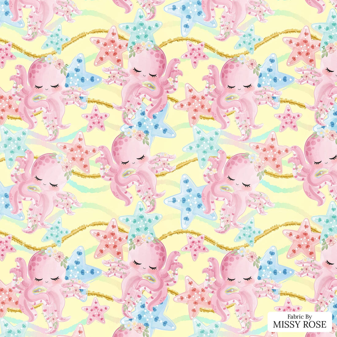 Design 913 Yellow Octopus Fabric – flat view of the print, zoom in for detail | Fabric by Missy Rose