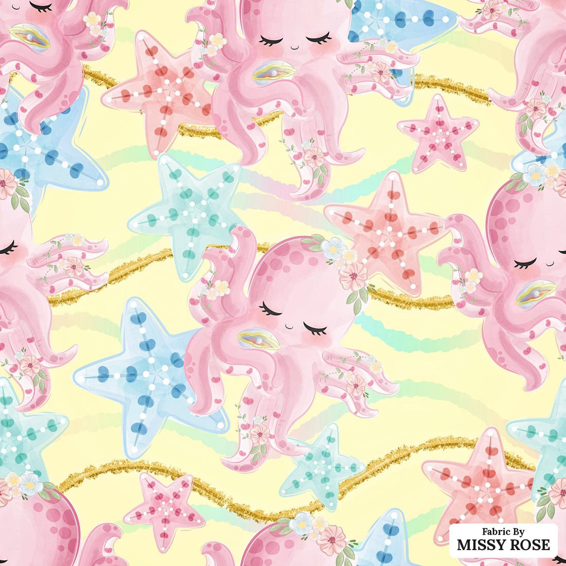Design 913 Yellow Octopus Fabric – flat view of the print, zoom in for detail | Fabric by Missy Rose