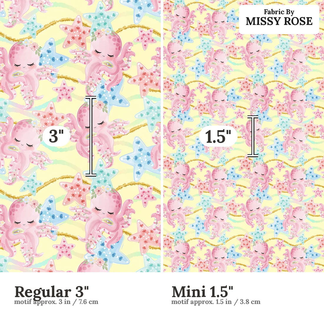 Design 913 Yellow Octopus Fabric Regular 3 inch vs Mini 1.5 inch print scale side by side | Fabric by Missy Rose