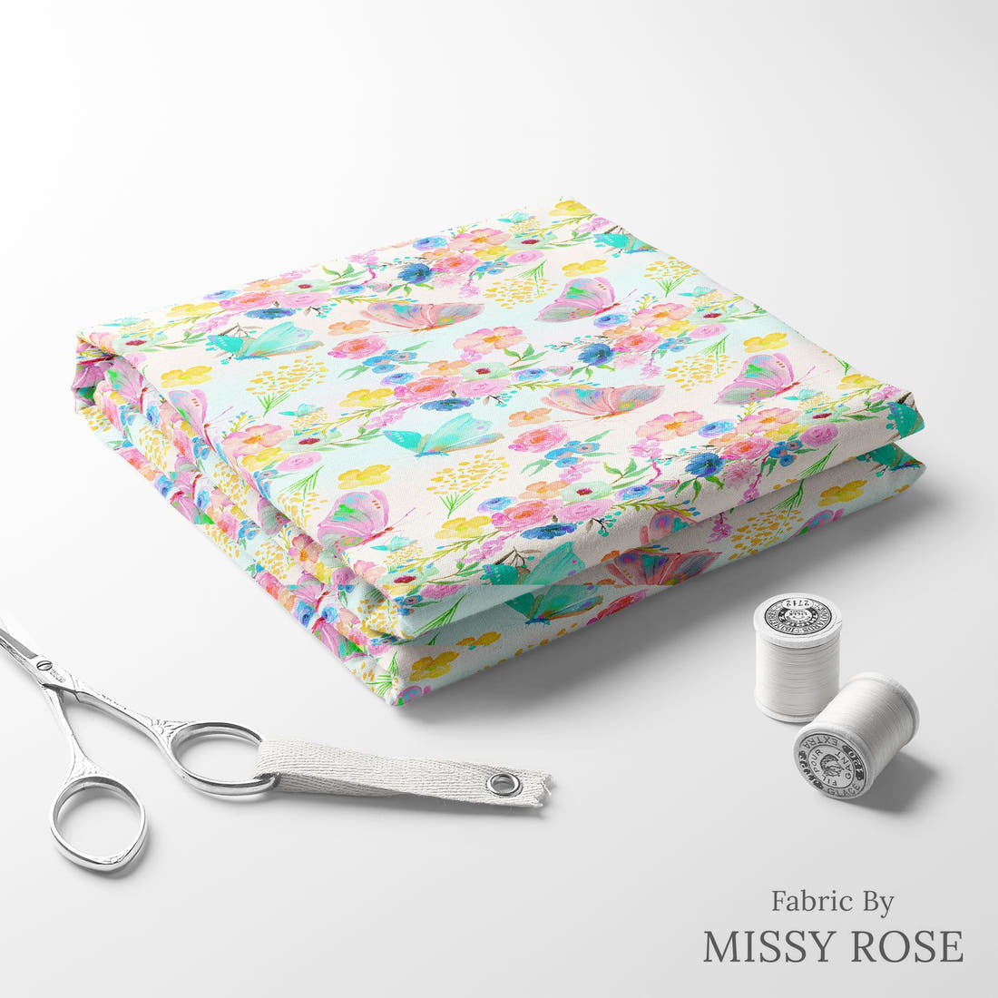 Design 914 Rainbow Garden Fabric folded fabric stack with matching thread – pre-order fabric Australia | Fabric by Missy Rose