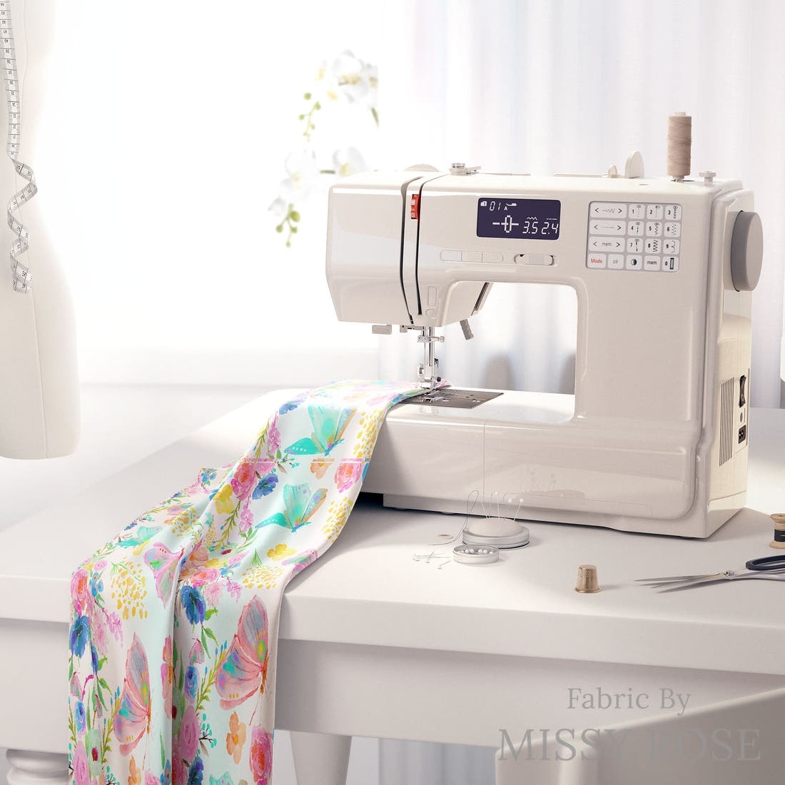 Design 914 Rainbow Garden Fabric on a sewing machine – premium fabric for sewing projects | Fabric by Missy Rose