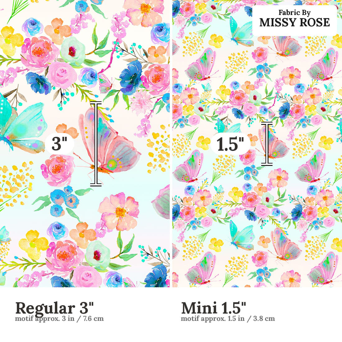Design 914 Rainbow Garden Fabric Regular 3 inch vs Mini 1.5 inch print scale side by side | Fabric by Missy Rose