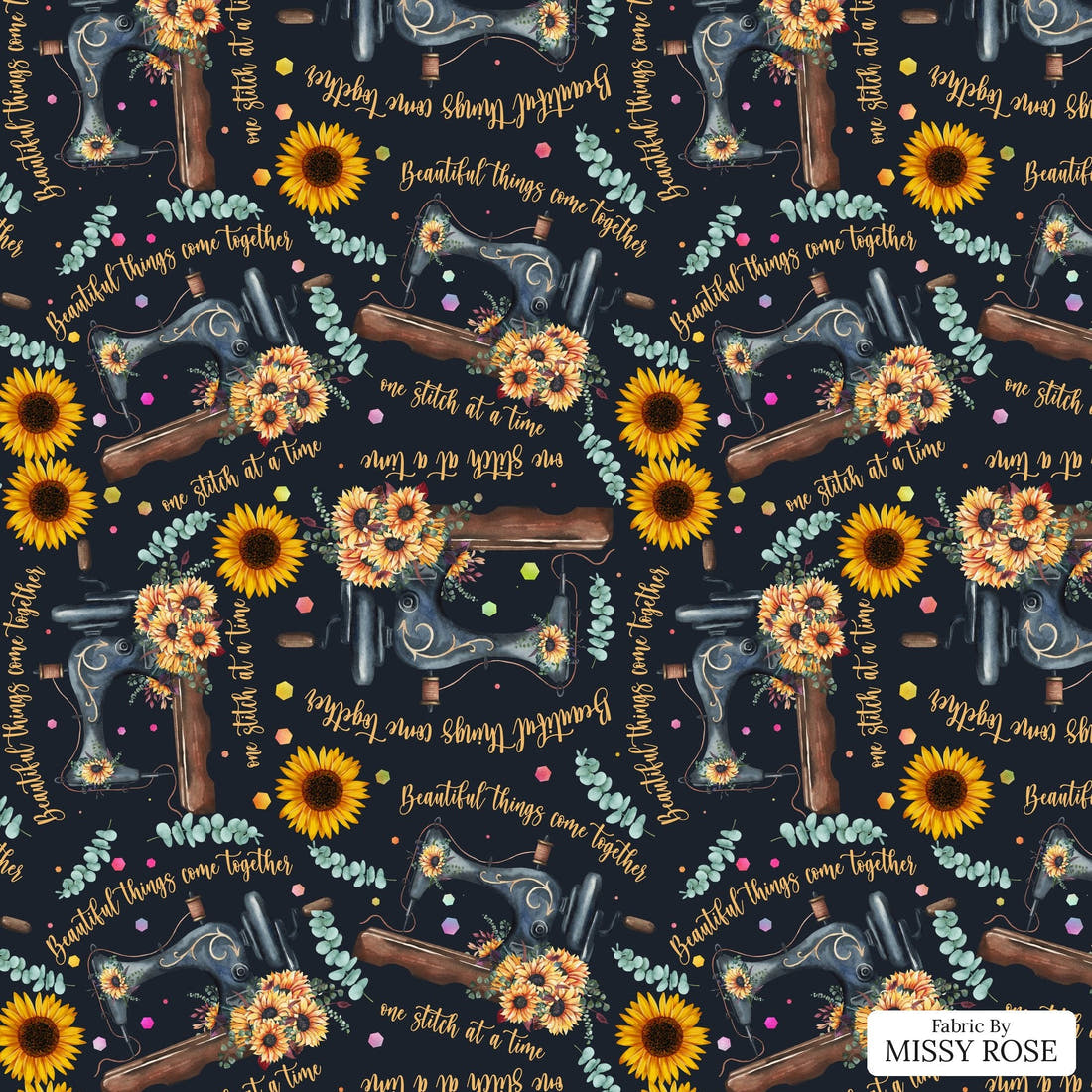 Design 916 Sunflower Sewing Fabric – flat view of the print, zoom in for detail | Fabric by Missy Rose