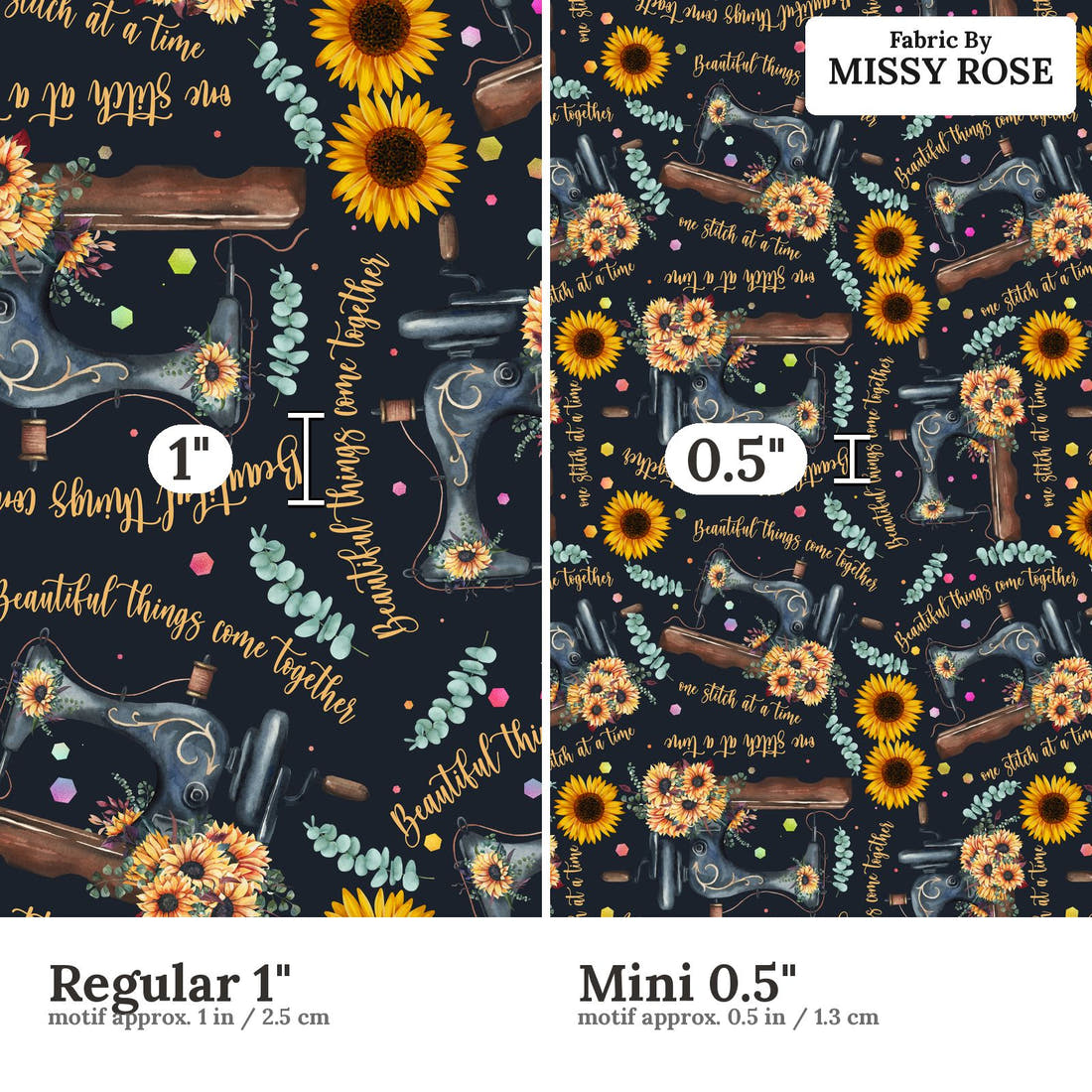Design 916 Sunflower Sewing Fabric Regular 1 inch vs Mini 0.5 inch print scale side by side | Fabric by Missy Rose