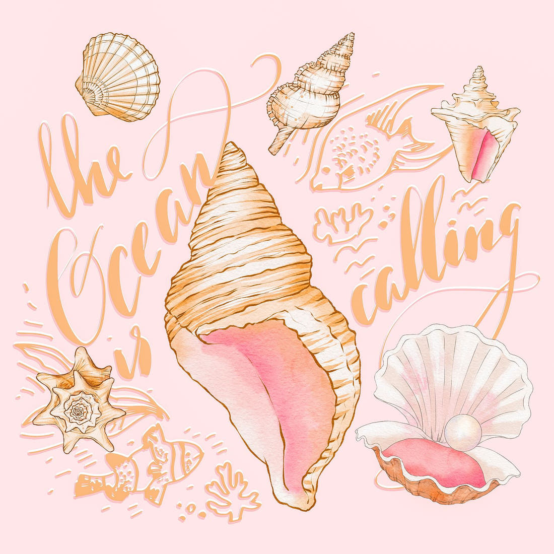 Design 917 Pink Shells Panel – full artwork close-up of the printed picture | Fabric by Missy Rose