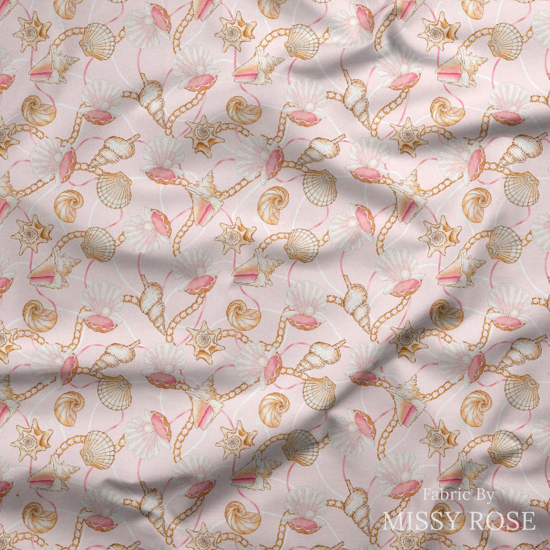 Design 917 Pink Shells Fabric draped fabric mockup – custom printed fabric by the metre | Fabric by Missy Rose