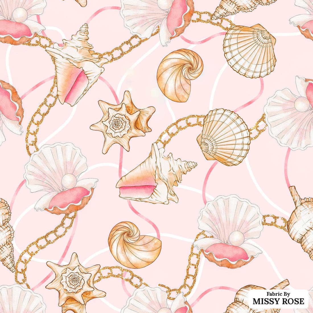 Design 917 Pink Shells Fabric – flat view of the print, zoom in for detail | Fabric by Missy Rose