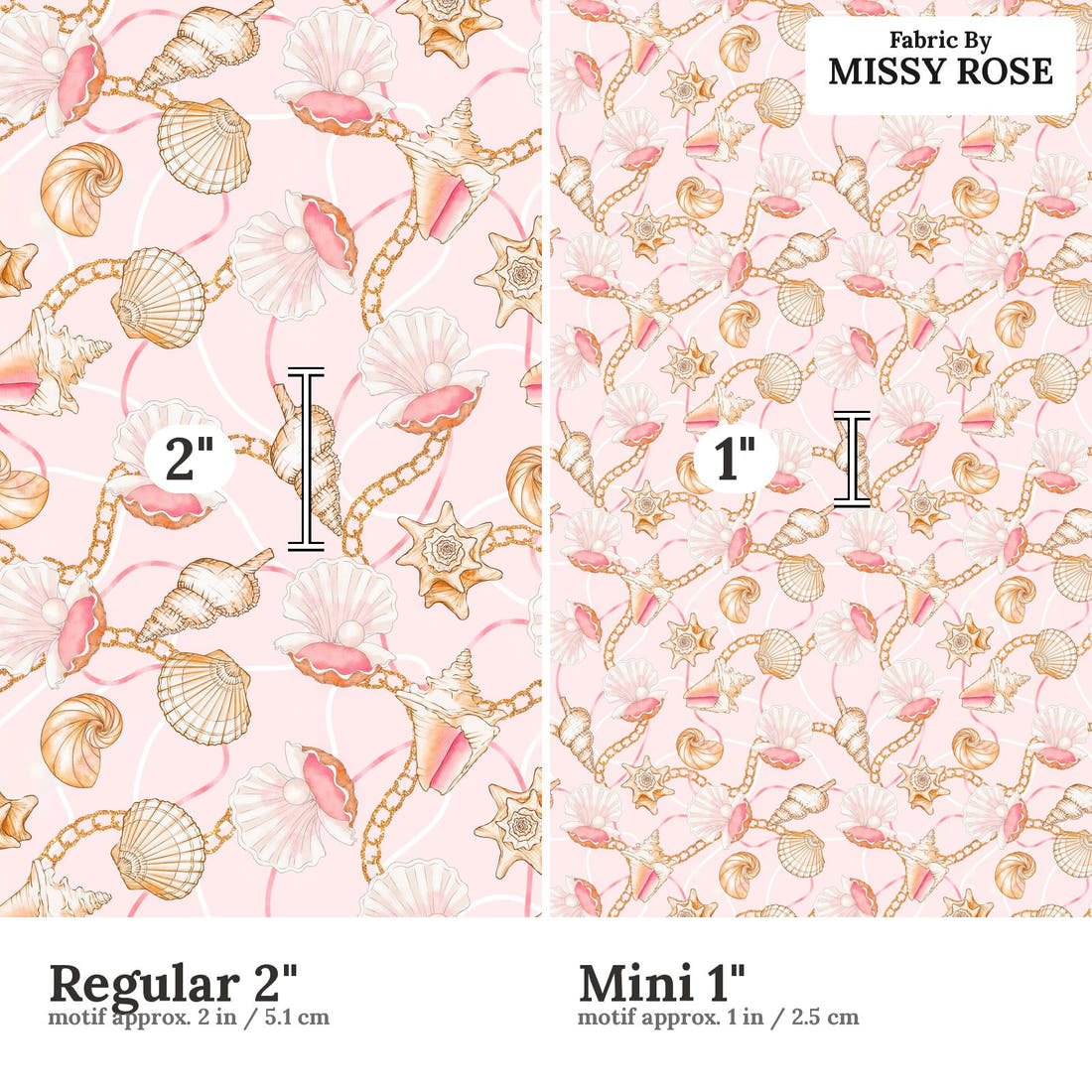 Design 917 Pink Shells Fabric Regular 2 inch vs Mini 1 inch print scale side by side | Fabric by Missy Rose