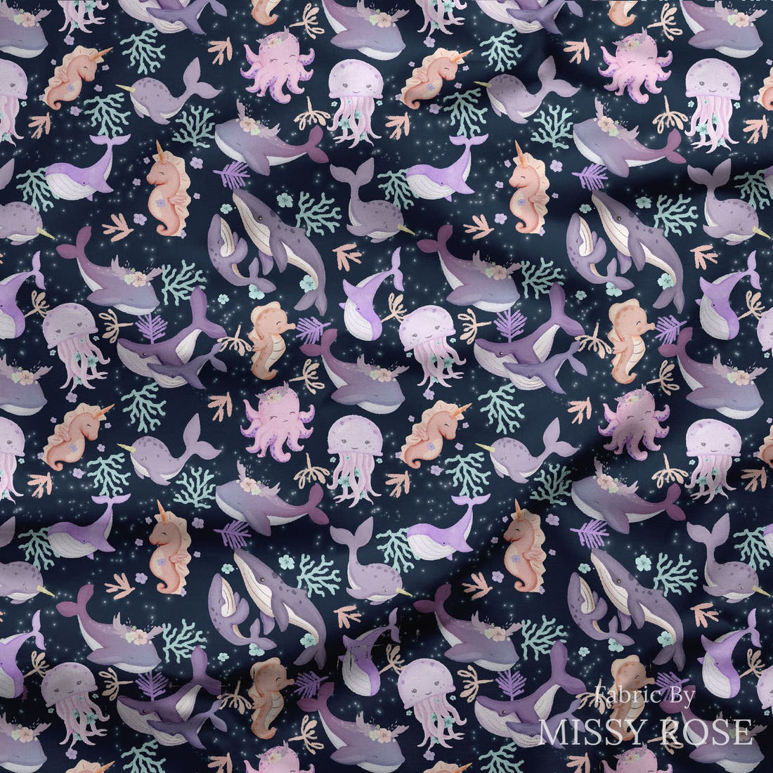 Design 919 Sea Animals Fabric draped fabric mockup – custom printed fabric by the metre | Fabric by Missy Rose