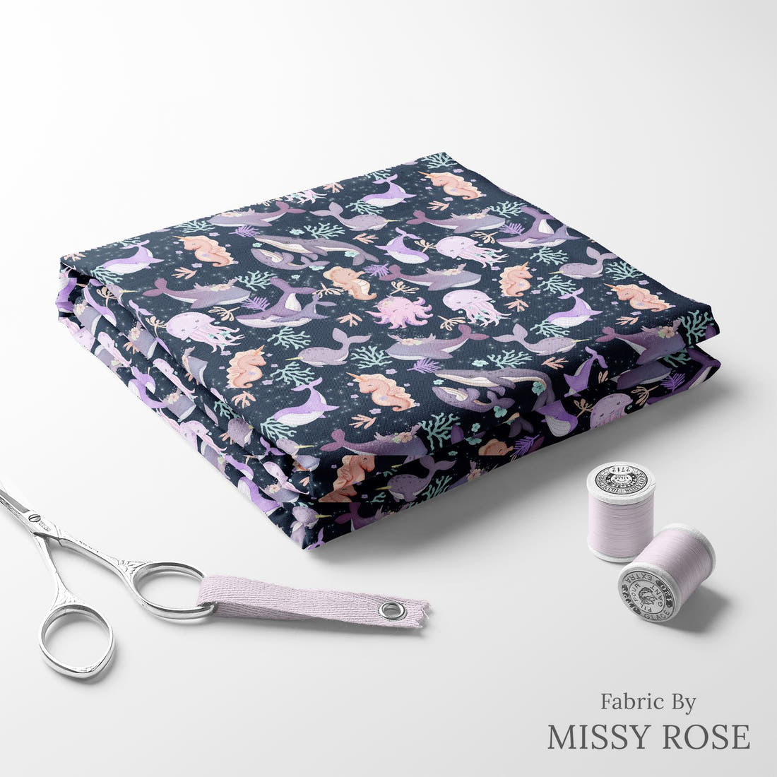 Design 919 Sea Animals Fabric folded fabric stack with matching thread – pre-order fabric Australia | Fabric by Missy Rose