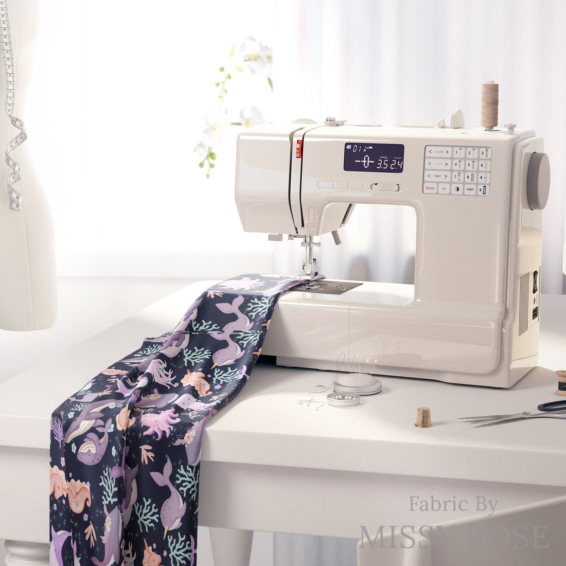 Design 919 Sea Animals Fabric on a sewing machine – premium fabric for sewing projects | Fabric by Missy Rose