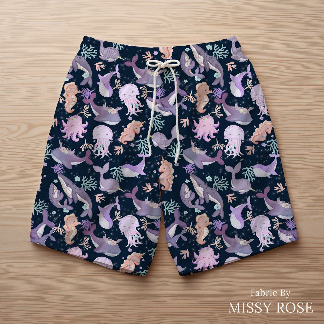 Design 919 Sea Animals Fabric sewn into swim shorts – see how the print looks made up | Fabric by Missy Rose