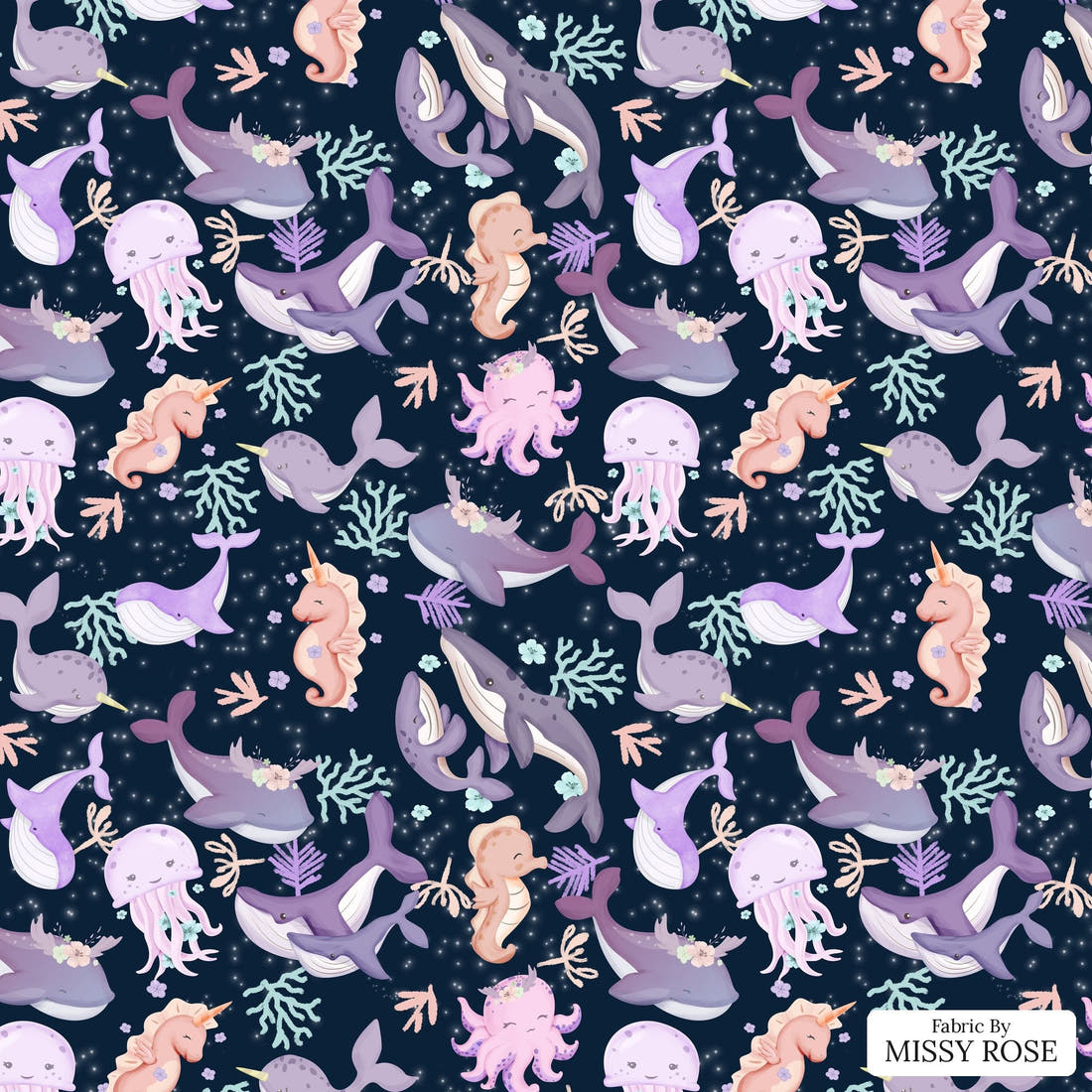 Design 919 Sea Animals Fabric – flat view of the print, zoom in for detail | Fabric by Missy Rose
