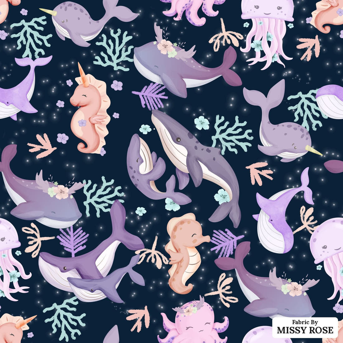 Design 919 Sea Animals Fabric – flat view of the print, zoom in for detail | Fabric by Missy Rose