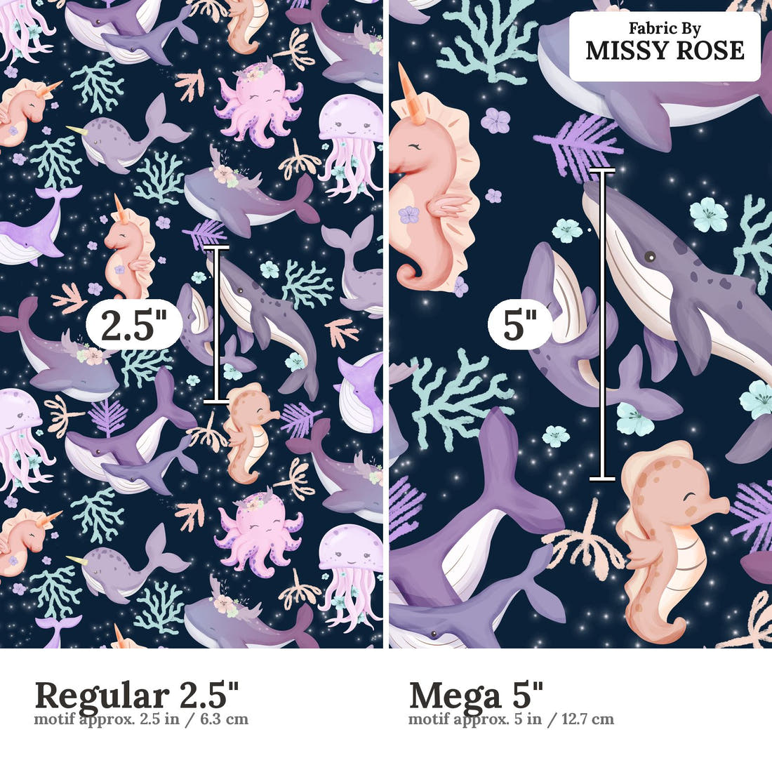 Design 919 Sea Animals Fabric Regular 2.5 inch vs Mega 5 inch print scale side by side | Fabric by Missy Rose