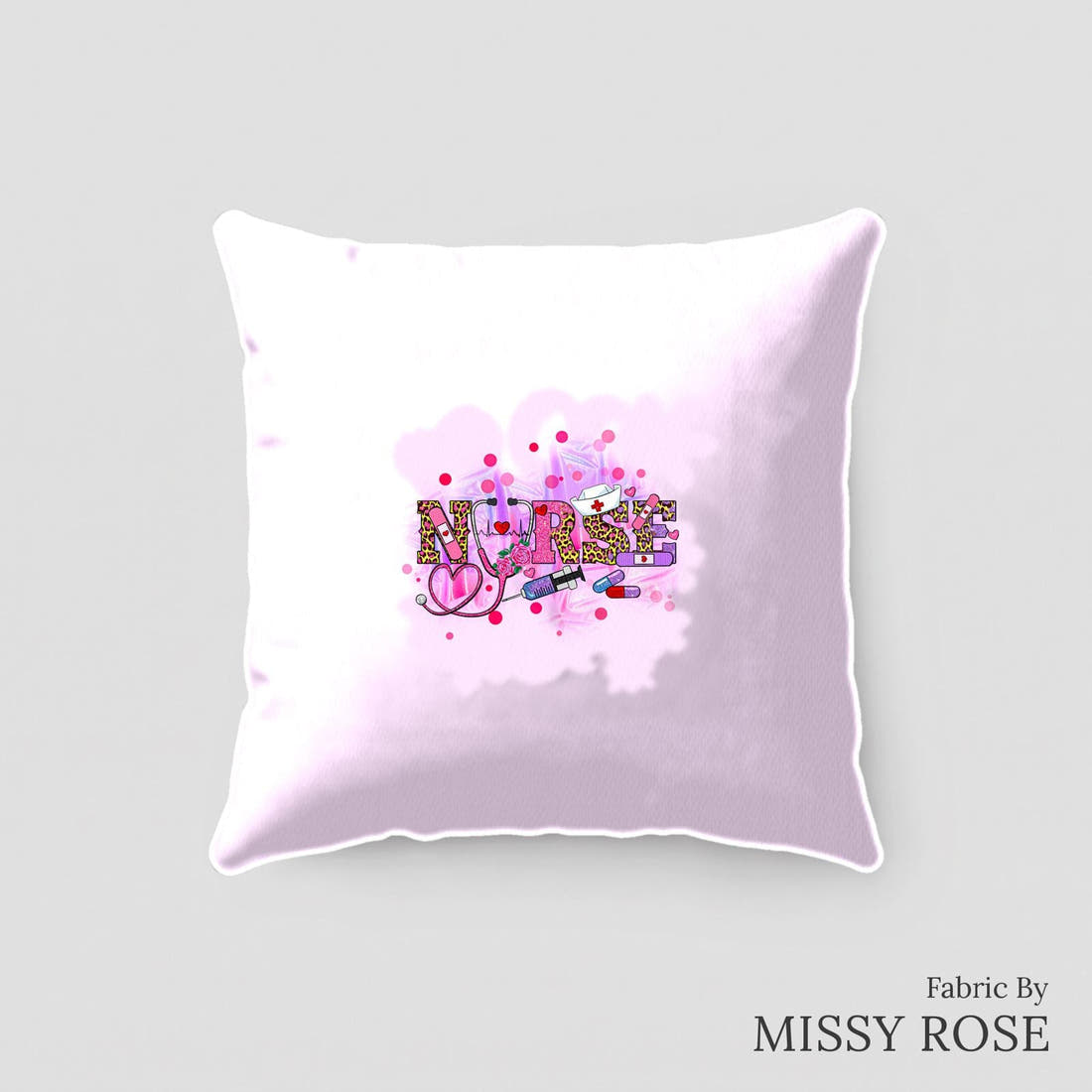 Design 92 Pink Nurse Panel sewn into a cushion – see how the panel looks made up | Fabric by Missy Rose