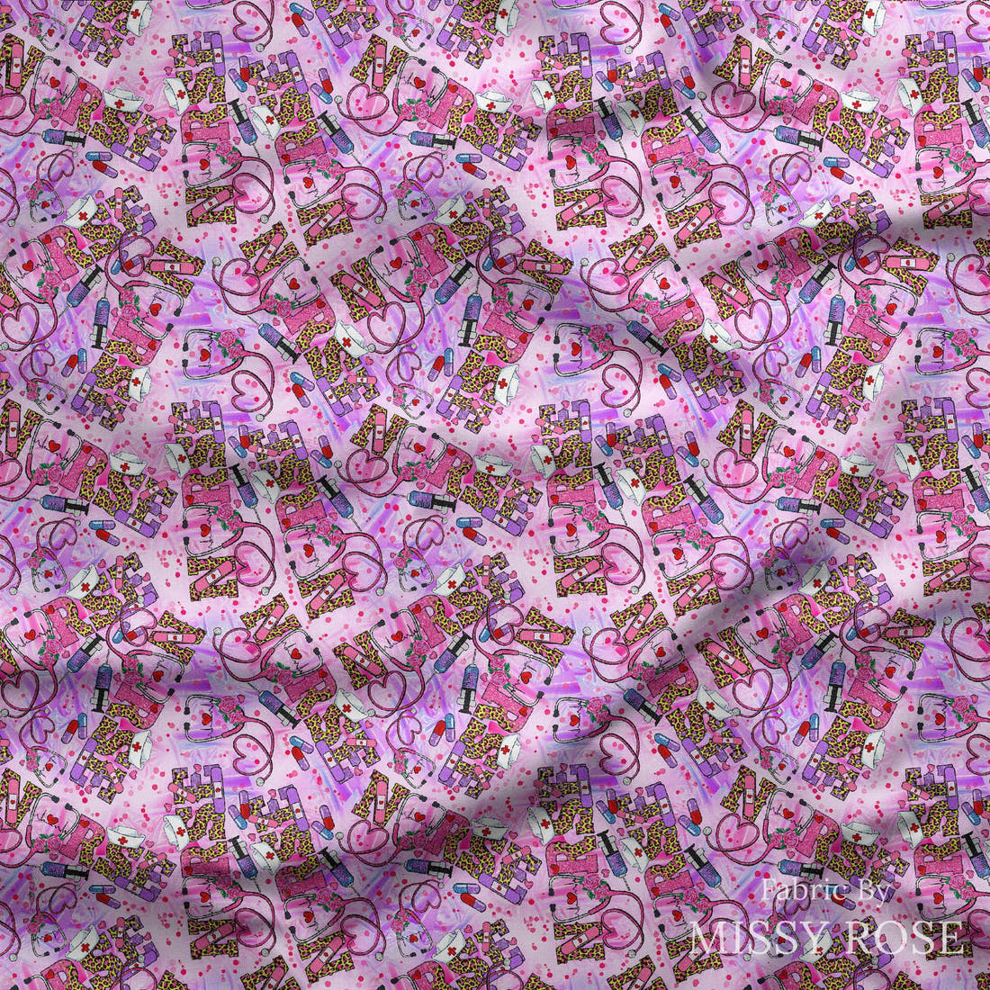 Design 92 Pink Nurse Fabric draped fabric mockup – custom printed fabric by the metre | Fabric by Missy Rose