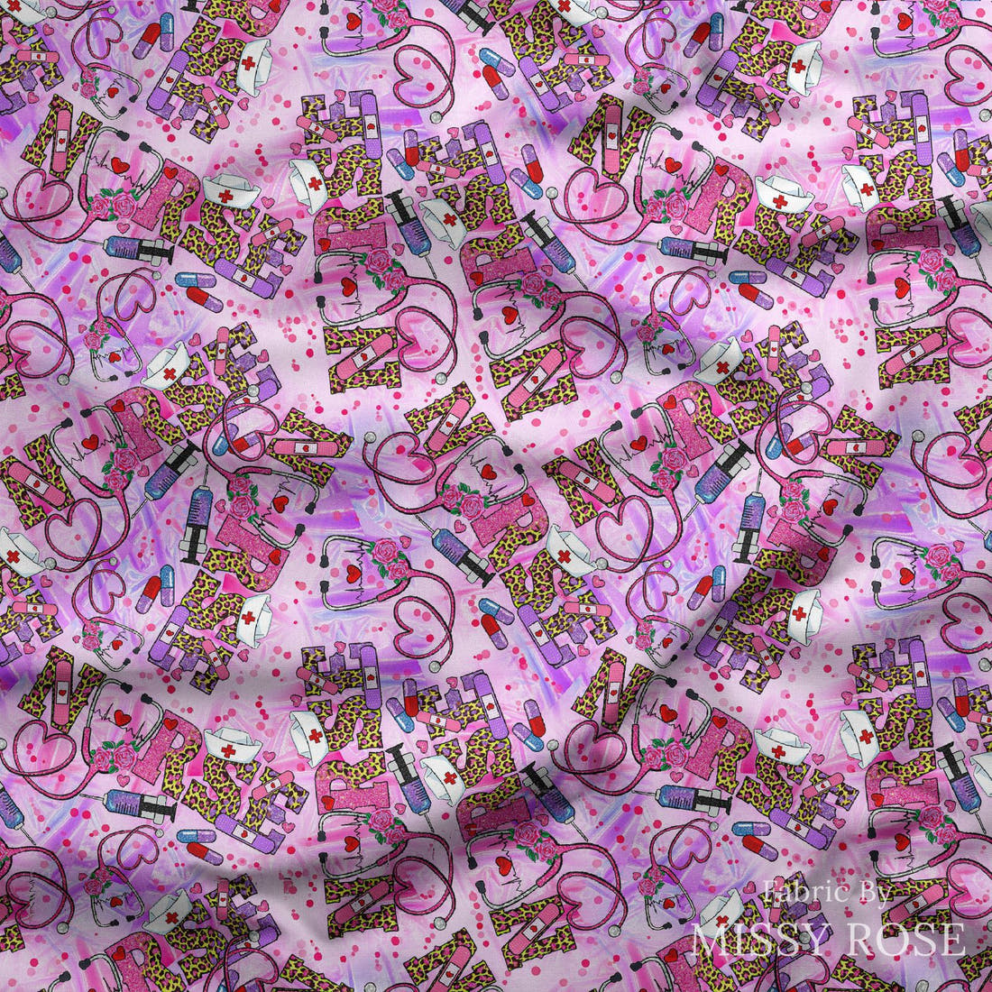 Design 92 Pink Nurse Fabric draped fabric mockup – custom printed fabric by the metre | Fabric by Missy Rose