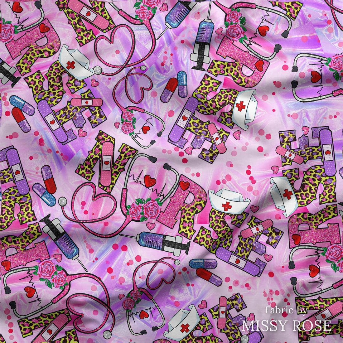 Design 92 Pink Nurse Fabric draped fabric mockup – custom printed fabric by the metre | Fabric by Missy Rose