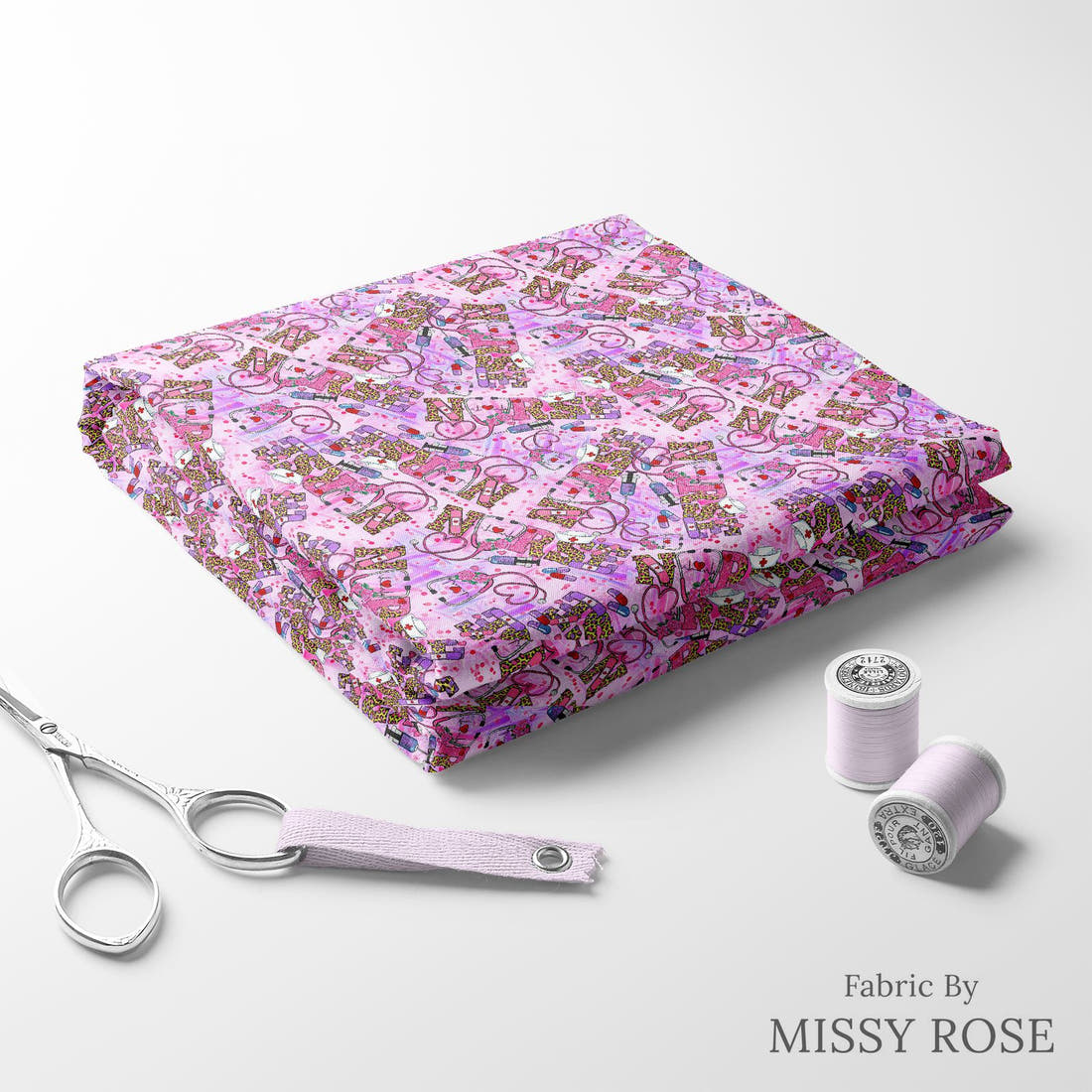 Design 92 Pink Nurse Fabric folded fabric stack with matching thread – pre-order fabric Australia | Fabric by Missy Rose
