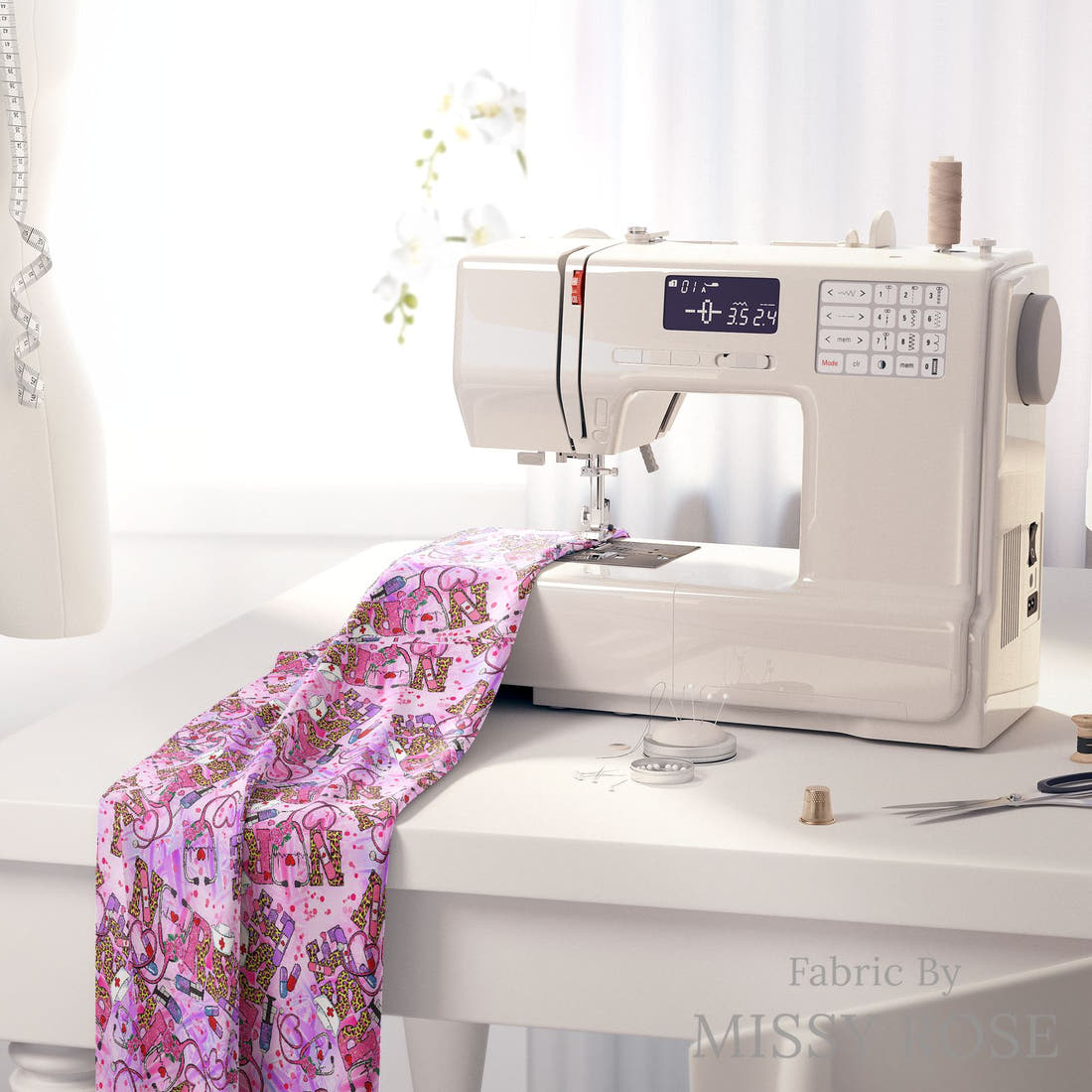 Design 92 Pink Nurse Fabric on a sewing machine – premium fabric for sewing projects | Fabric by Missy Rose