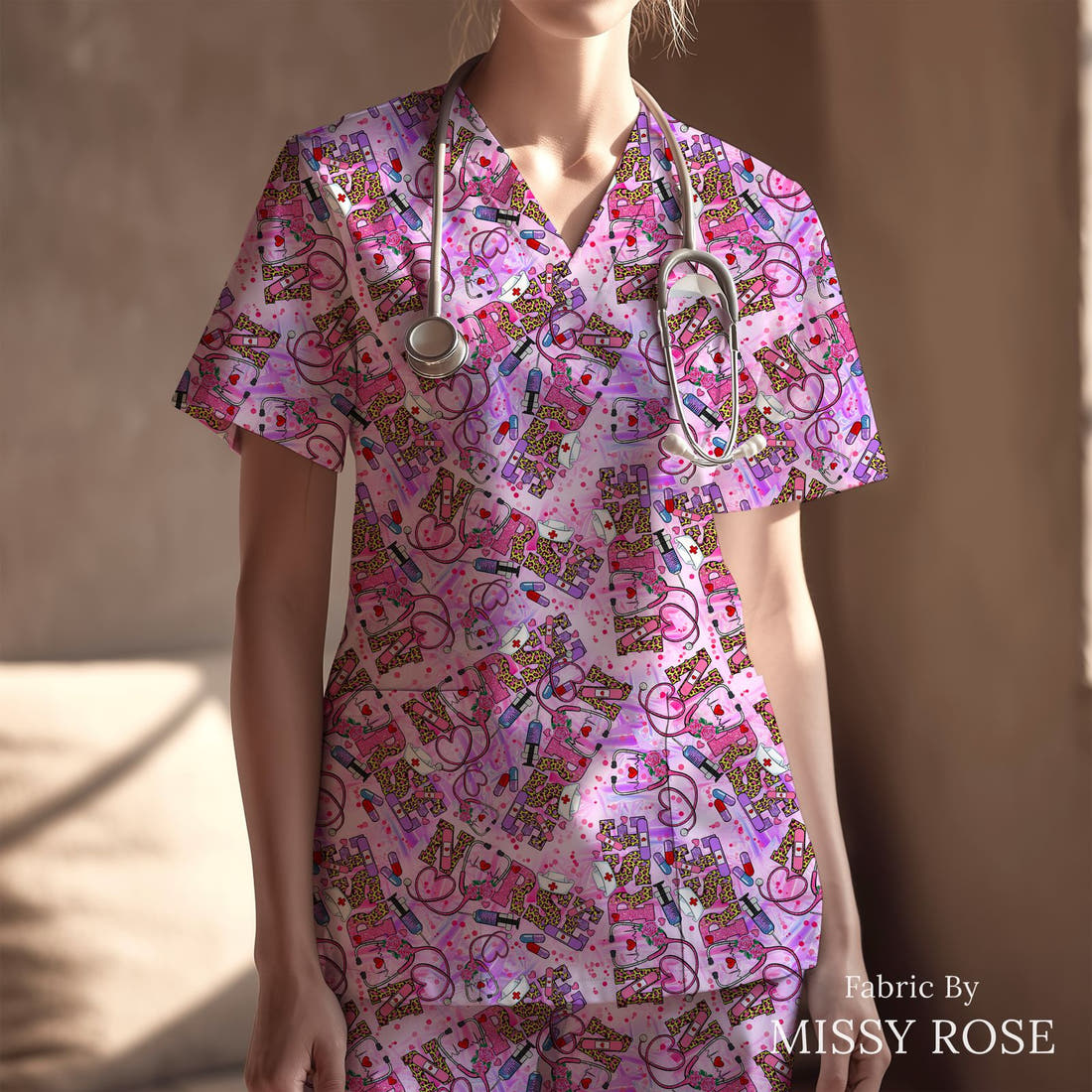 Design 92 Pink Nurse Fabric sewn into a scrubs top – see how the print looks made up | Fabric by Missy Rose