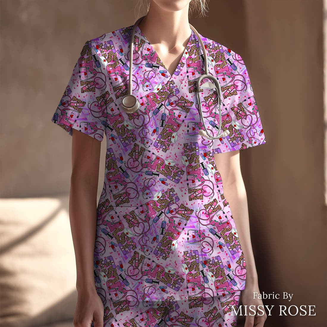 Design 92 Pink Nurse Fabric sewn into a scrubs top – see how the print looks made up | Fabric by Missy Rose