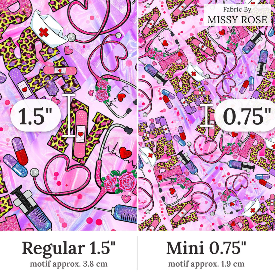 Design 92 Pink Nurse Fabric Regular 1.5 inch vs Mini 0.75 inch print scale side by side | Fabric by Missy Rose