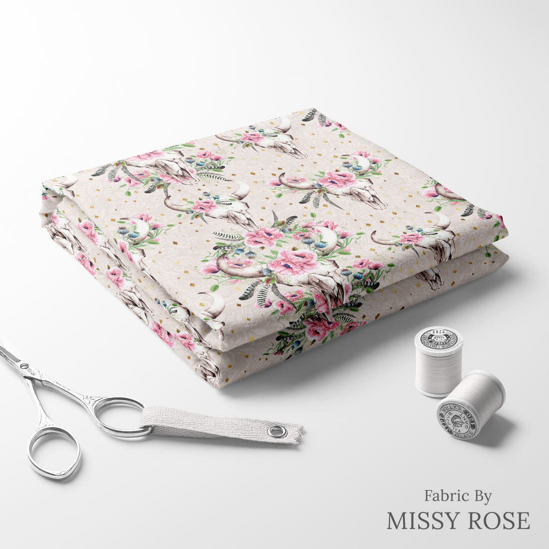 Design 920 Poppy Skull Fabric folded fabric stack with matching thread – pre-order fabric Australia | Fabric by Missy Rose
