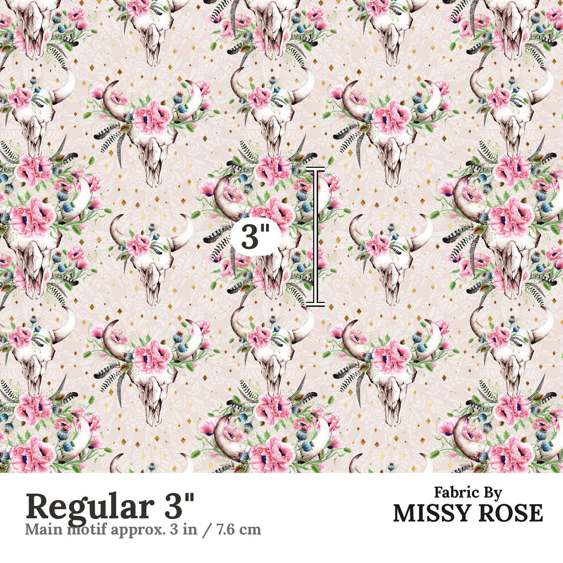 Design 920 Poppy Skull Fabric Regular 3 inch print scale guide | Fabric by Missy Rose