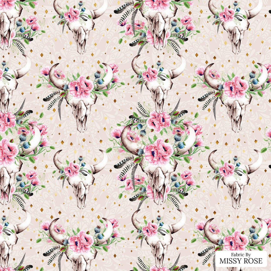 Design 920 Poppy Skull Fabric – flat view of the print, zoom in for detail | Fabric by Missy Rose