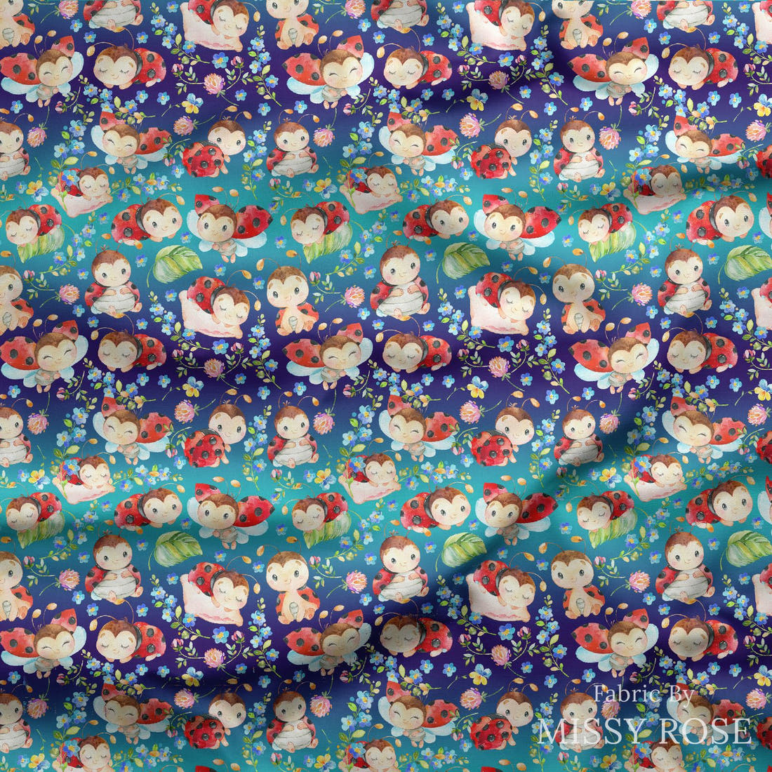 Design 921 Lady Bug Fabric draped fabric mockup – custom printed fabric by the metre | Fabric by Missy Rose