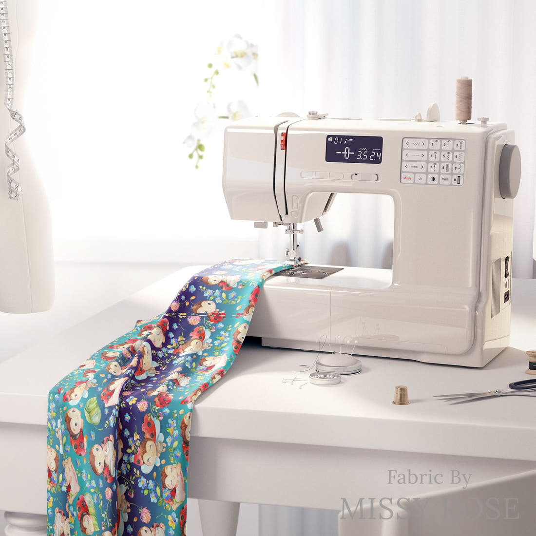 Design 921 Lady Bug Fabric on a sewing machine – premium fabric for sewing projects | Fabric by Missy Rose