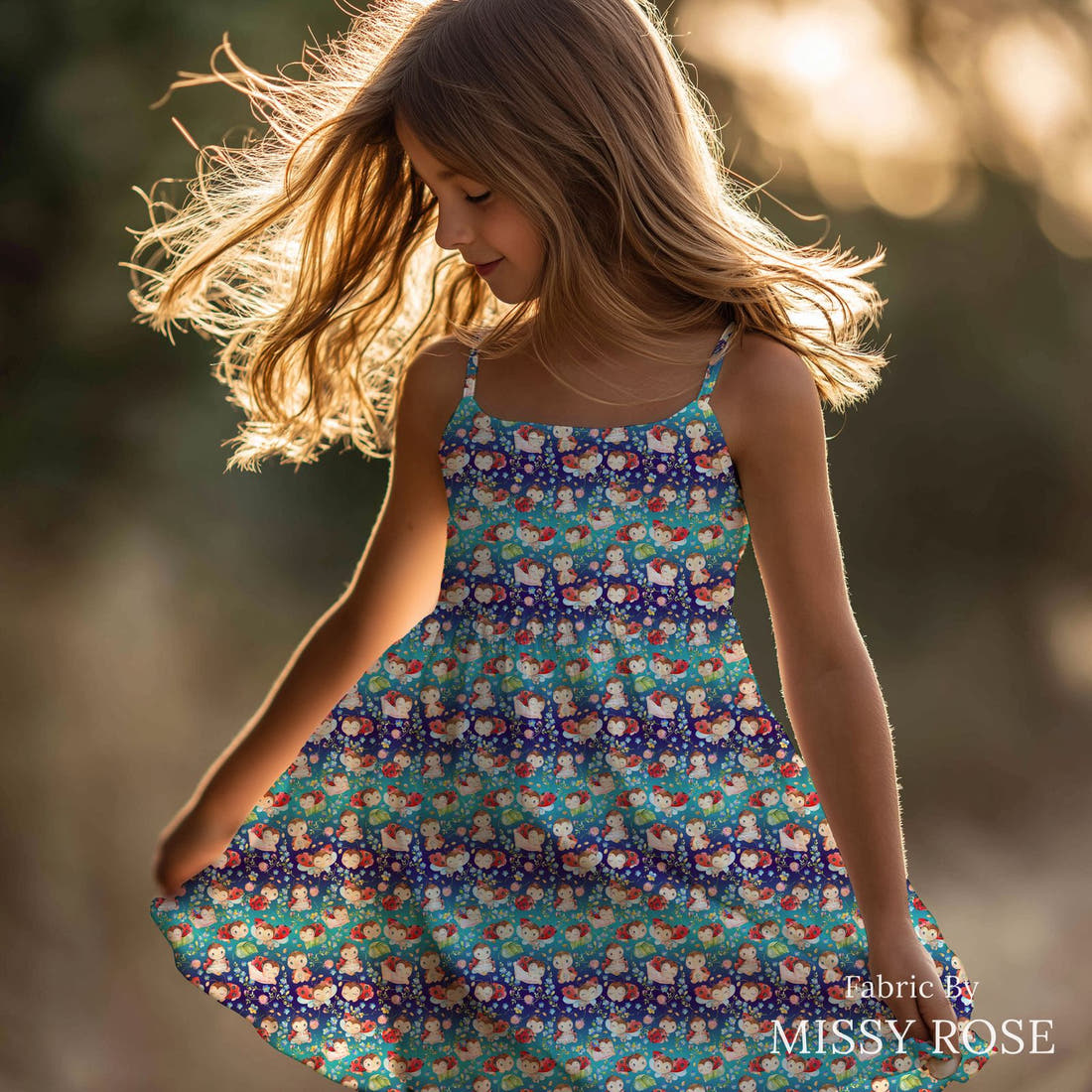 Design 921 Lady Bug Fabric sewn into a girls' dress – see how the print looks made up | Fabric by Missy Rose