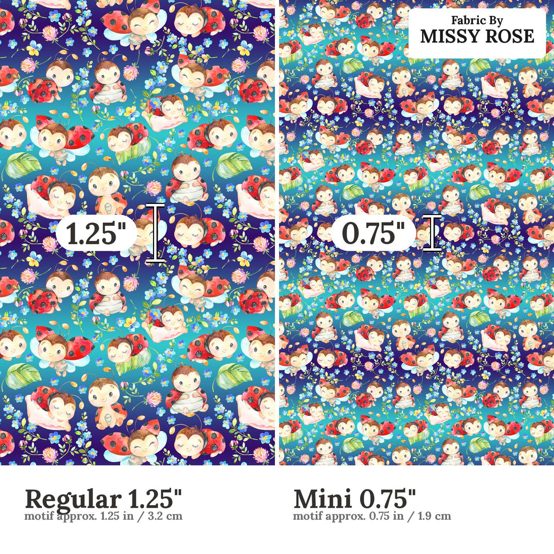 Design 921 Lady Bug Fabric Regular 1.25 inch vs Mini 0.75 inch print scale side by side | Fabric by Missy Rose