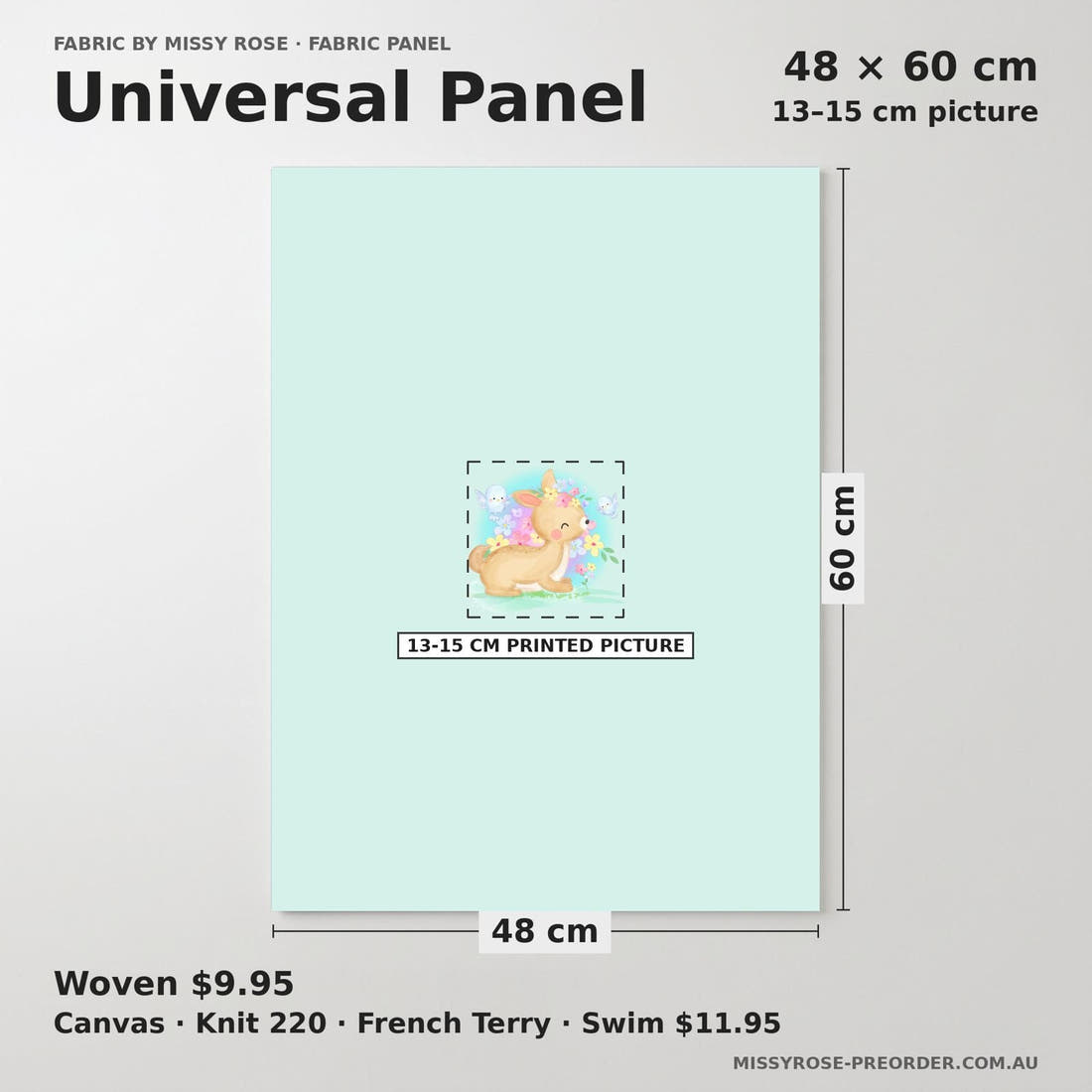 Design 922 Pastel Fawn Panel universal panel sizing – 13–15 cm printed picture on 48 × 60 cm fabric | Fabric by Missy Rose