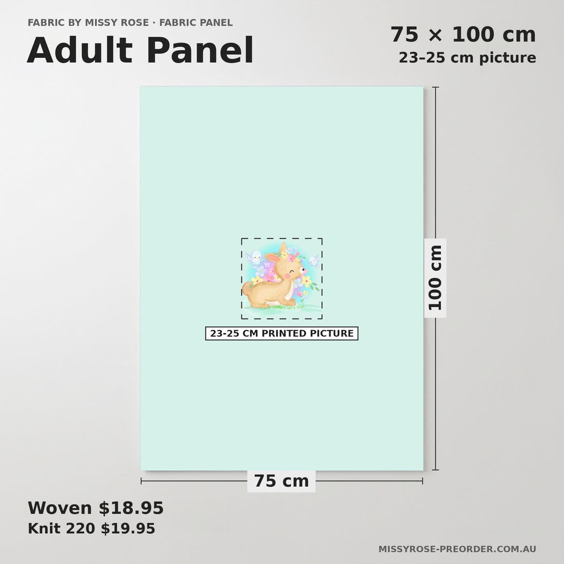 Design 922 Pastel Fawn Panel adult panel sizing – 23–25 cm printed picture on 75 × 100 cm fabric | Fabric by Missy Rose