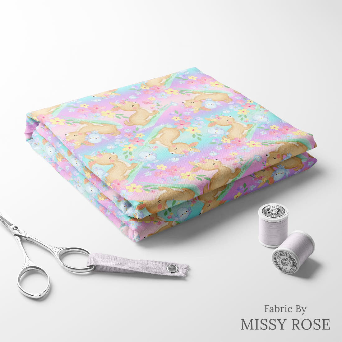 Design 922 Pastel Fawn Fabric folded fabric stack with matching thread – pre-order fabric Australia | Fabric by Missy Rose