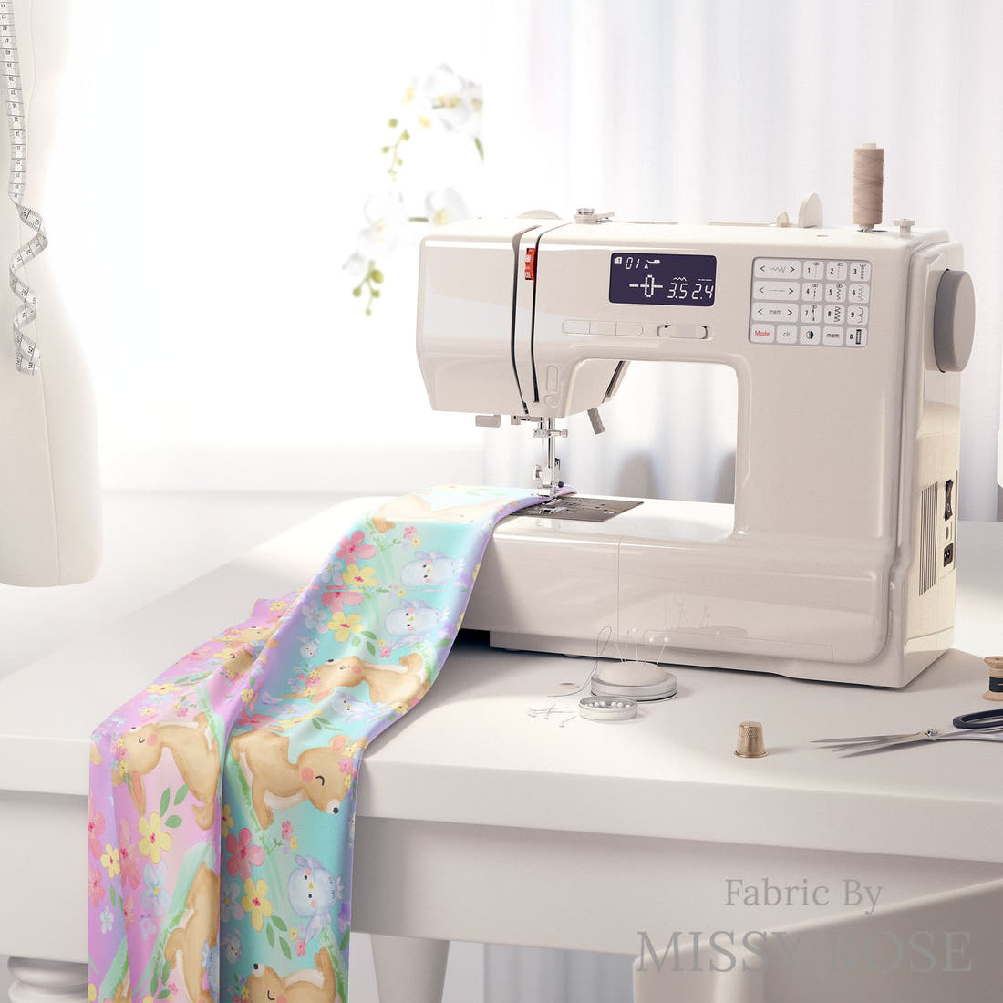 Design 922 Pastel Fawn Fabric on a sewing machine – premium fabric for sewing projects | Fabric by Missy Rose